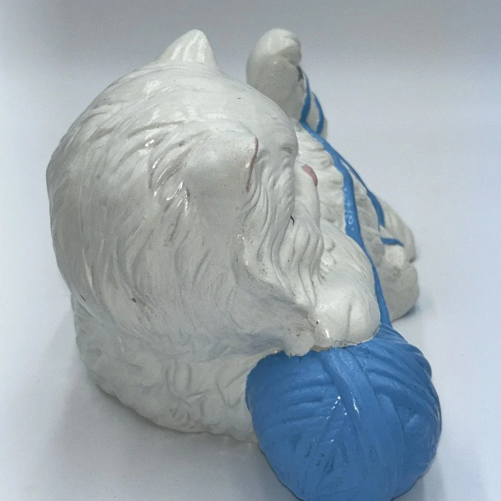 Vintage White Persian Ceramic Cat Statue Kitty Figurine Green Eyes, Playing Yarn
